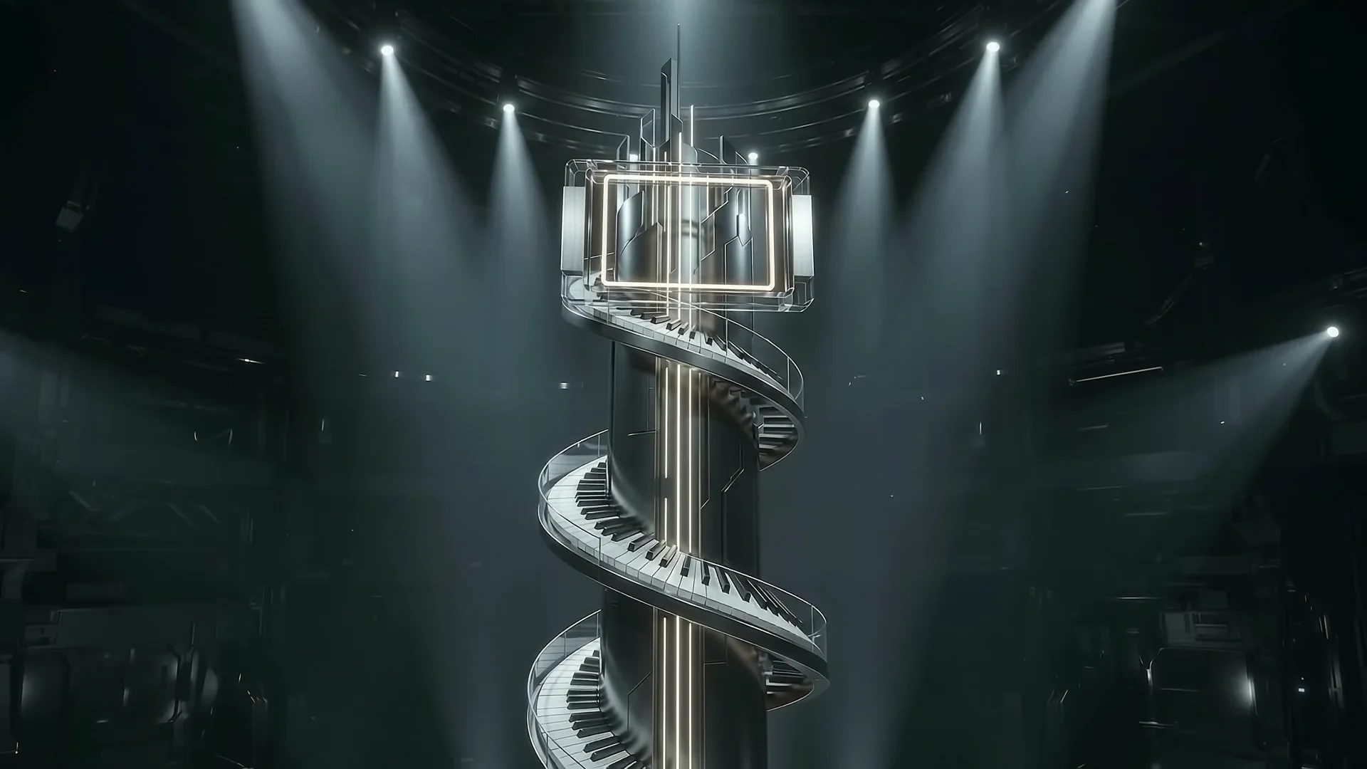 A luminous glass sign descending along a spiral piano tower.